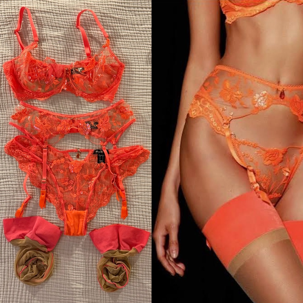 🧡🔥 Honey Birdette Whitney Neon Glow Orange Lace RARE 4pc lingerie set 🤩